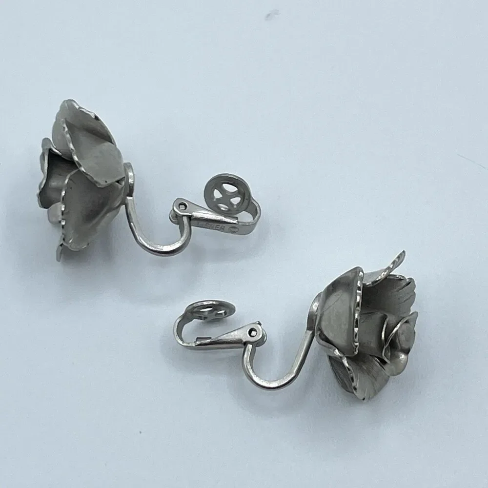 Vintage Lisner Rose Silver Tone Stud Clip On Statement Art Deco Earrings Floral
